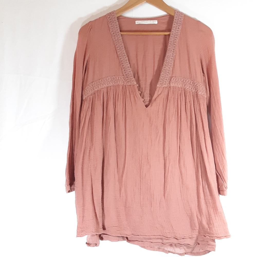Zara Trafaluc Boho Dusty Rose Crochet v-neck long sleeve as is